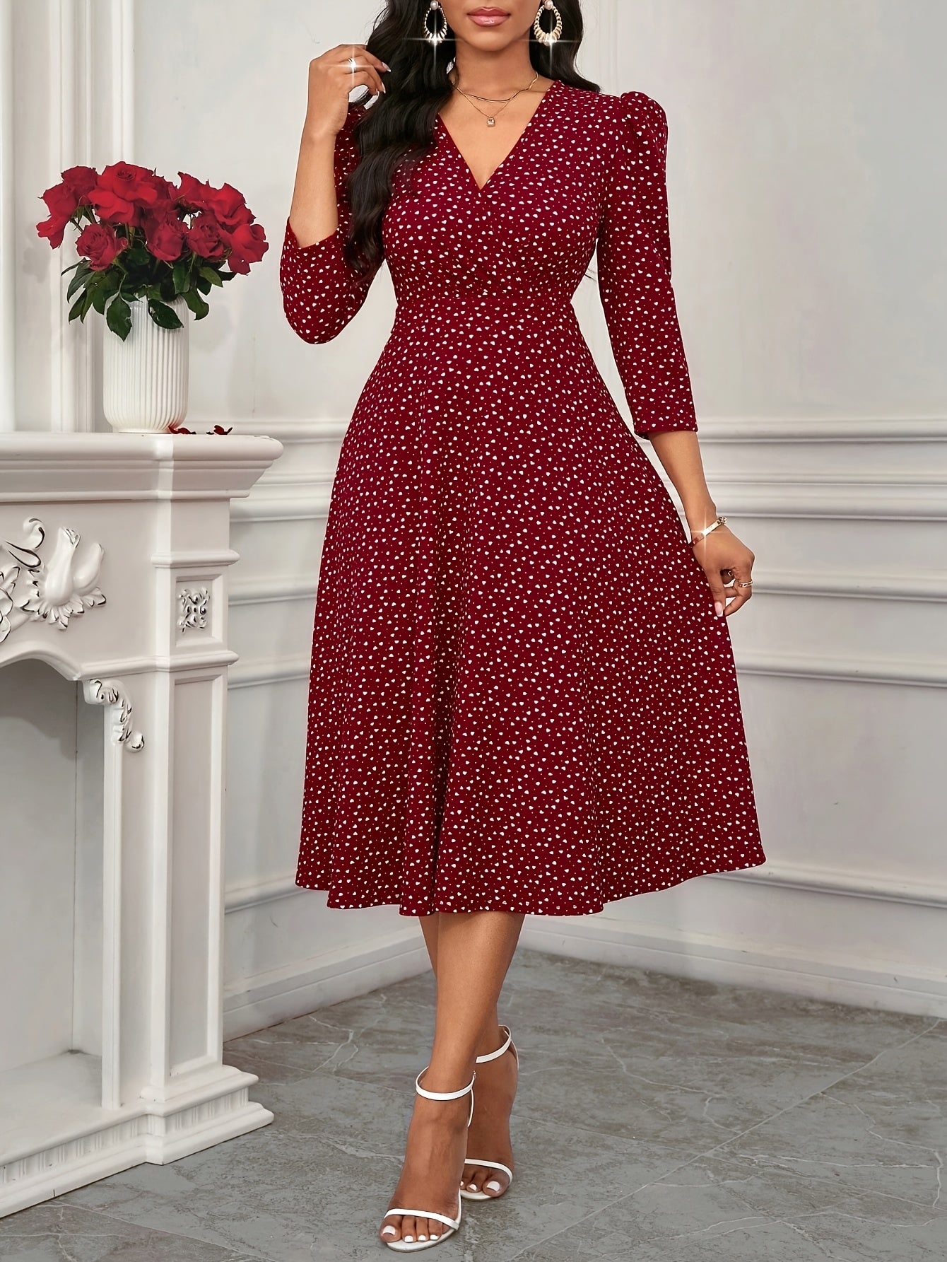 2026 New Valentine's Day/New Year Party/Suitable for Daily Work Wear/Suitable for All Seasons Elegant Fashion Versatile Daily Date V-Neck 3/4 Sleeve Waist Flared Long Red and Blue Women's Elegant Dress, Women's Polka Dot Small Heart Print Dress
