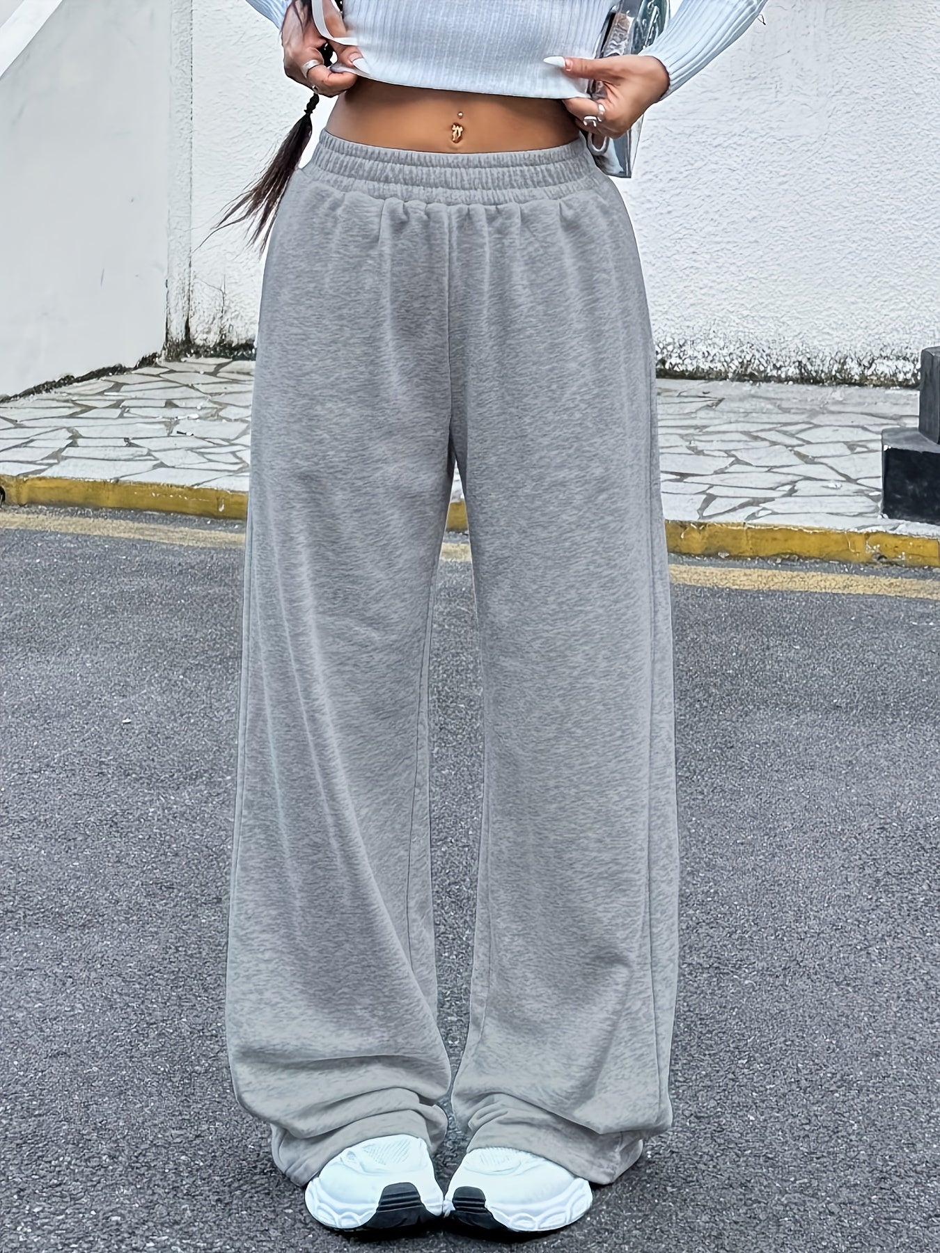 Women's Jogging Pants, Elastic-waistband Wide-leg Casual Pants with Side Pockets, Light Gray Athletic Sweatpants, Suitable for Daily and Formal Wear, Machine-washable Non-sheer Fabric, Joggers, Comfortable Clothing, Medium Stretch