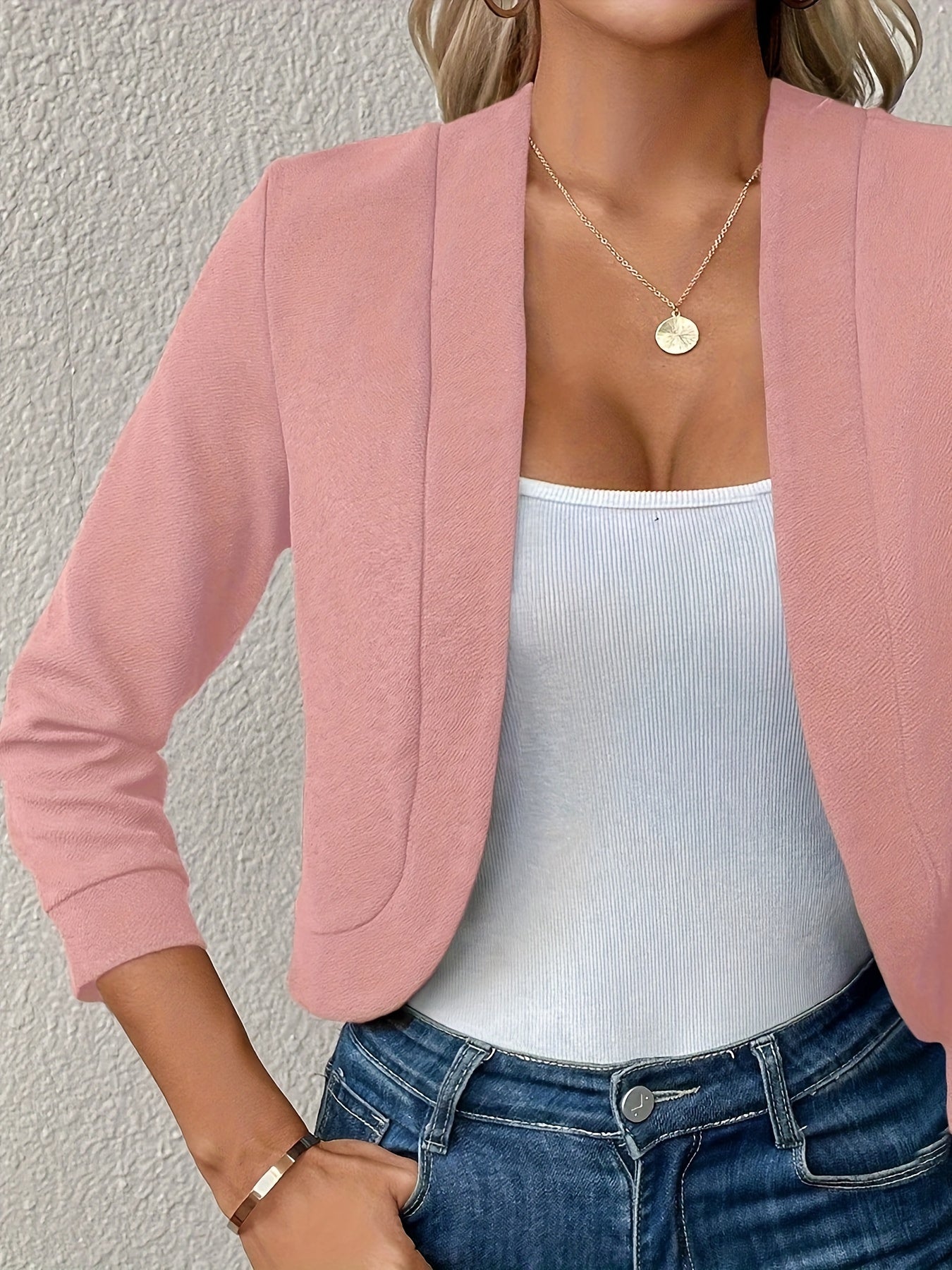 Effortless Open Front Cropped Jacket for Women with Elbow Sleeve Ribbed Cuff Relaxed Layering Style