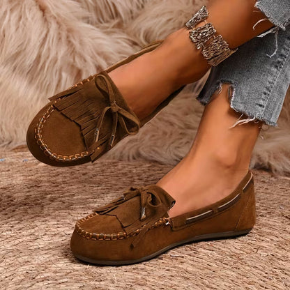Comfortable House Shoes for Women with Fringe Bow Suede Moccasin Slip On Style