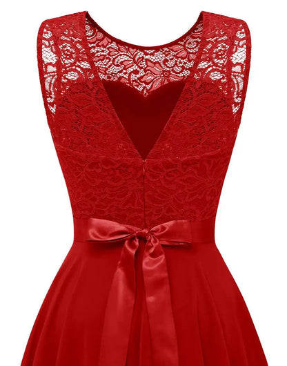 Elegant Lace High Low Dress for Women with Round Neck Sleeveless Flowing Formal Wedding Guest Style