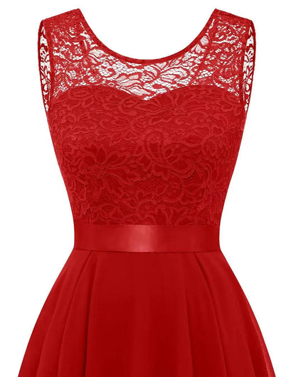 Elegant Lace High Low Dress for Women with Round Neck Sleeveless Flowing Formal Wedding Guest Style
