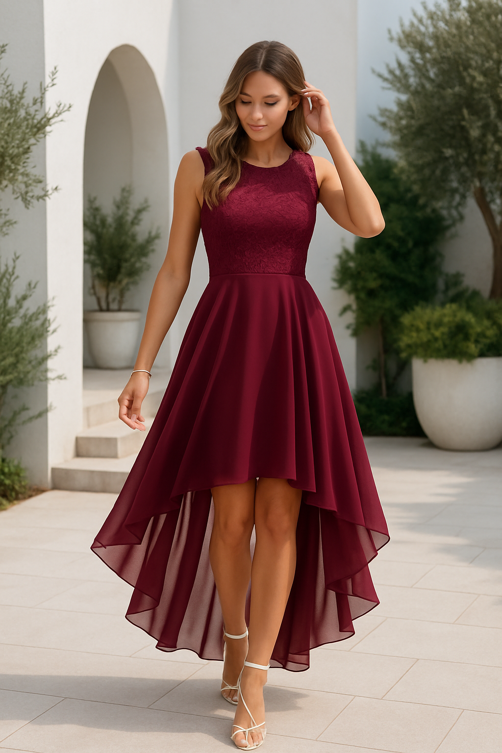 Elegant Lace High Low Dress for Women with Round Neck Sleeveless Flowing Formal Wedding Guest Style