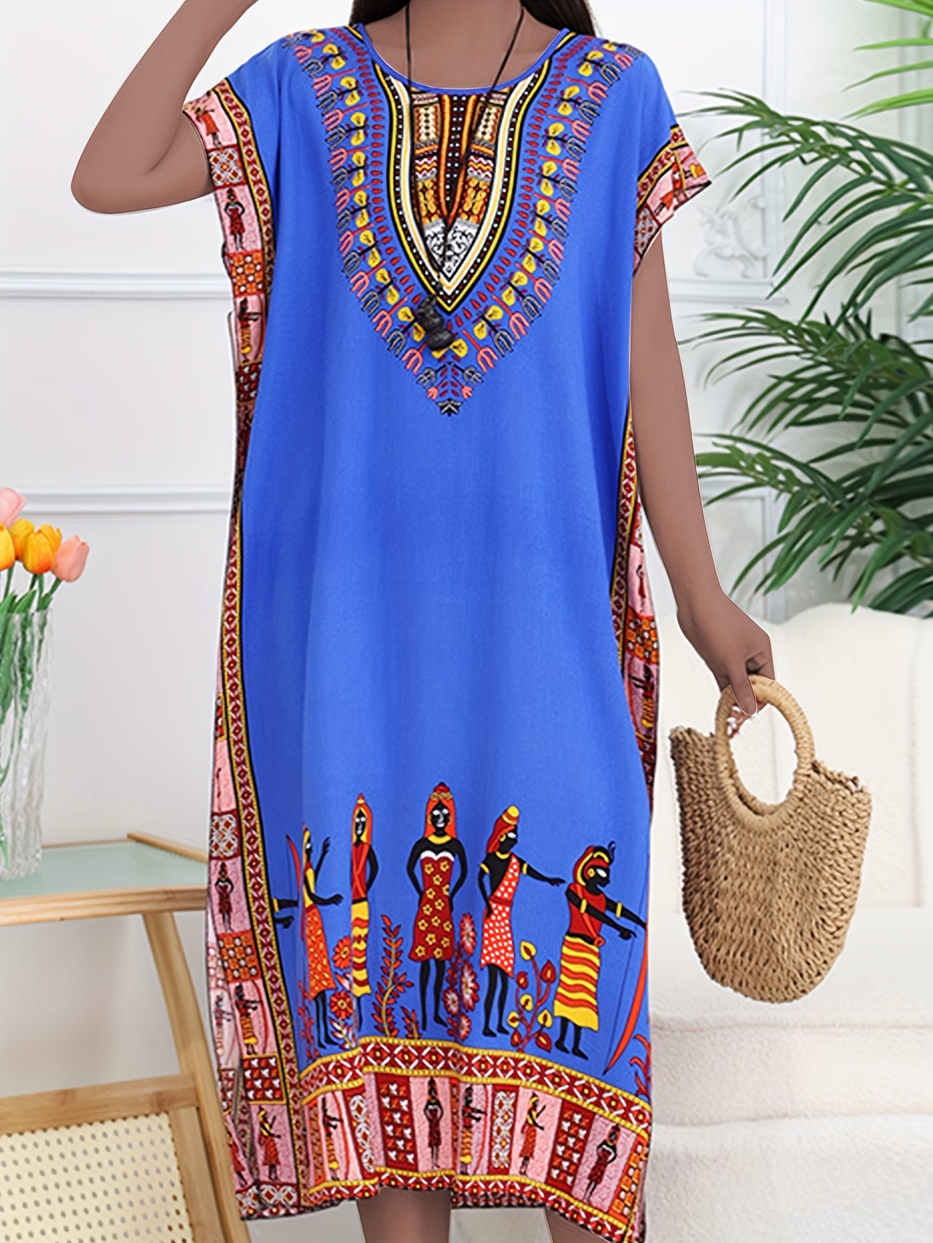 Effortless Tribal Print Kaftan Dress for Women with V Neck Short Sleeve Flowing Bohemian Style