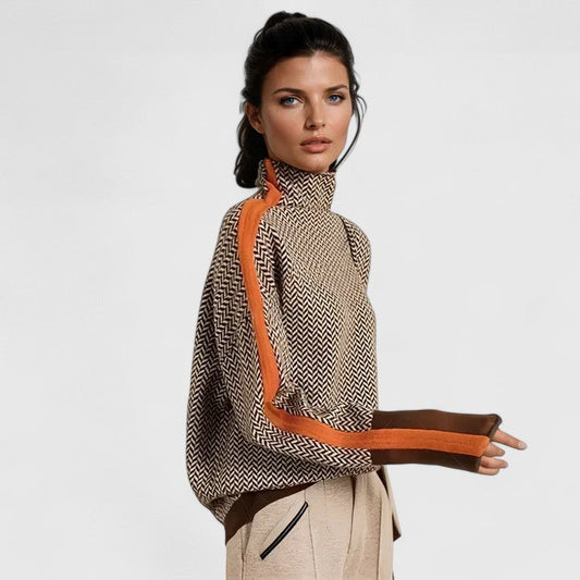 Comfortable Herringbone Print Sweater for Women with High Neck Long Sleeve Colorblock Oversized Knit Style