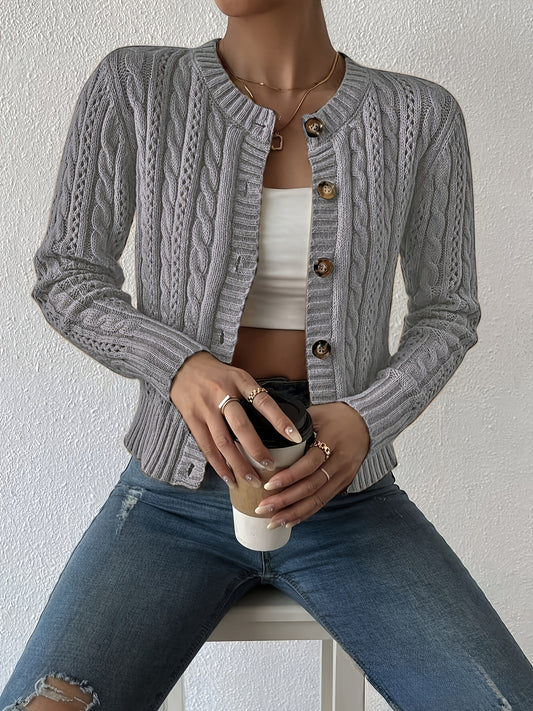 Comfortable Cable Knit Cardigan Sweater for Women with Crew Neck Long Sleeve Button Front Cropped Casual Style