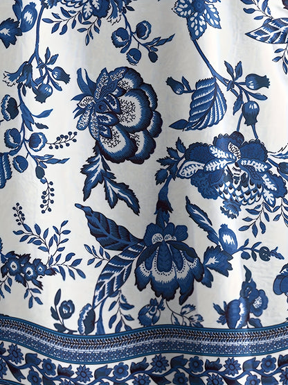 Plus Size - Plus Size - Summer New Plus Size Women'S Vacation Style Easy And Porcelain Floral Pattern All-Over Print Dress, Suitable for All Seasons, Casual And Chic
