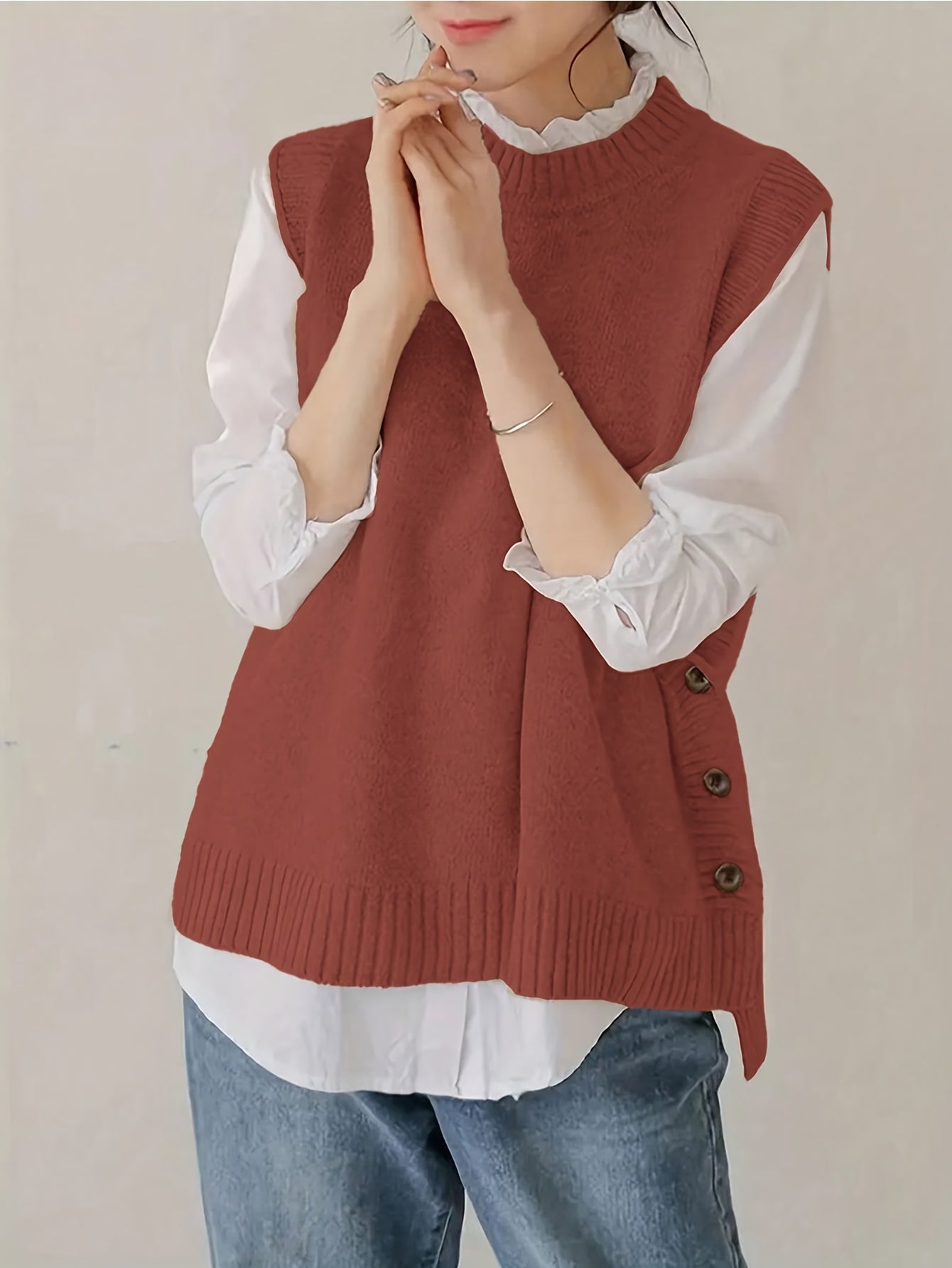 Comfortable Ribbed Knit Sweater Vest for Women with Mock Neck Sleeveless Side Button Relaxed Style