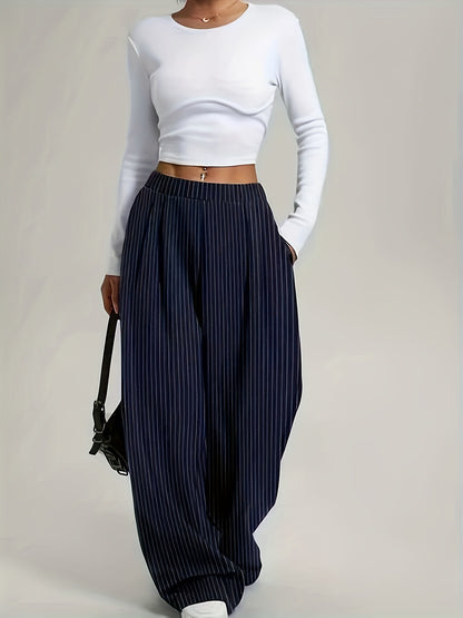 Effortless Navy Pinstripe Wide Leg Pants for Women with High Waist Pleated Relaxed Casual Style