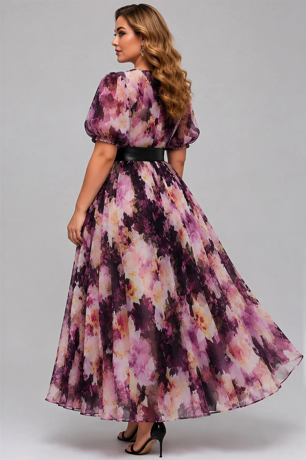 Elegant Purple Floral Maxi Dress for Women with V Neck Puff Sleeve Belted Wrap Flowing Wedding Guest Style