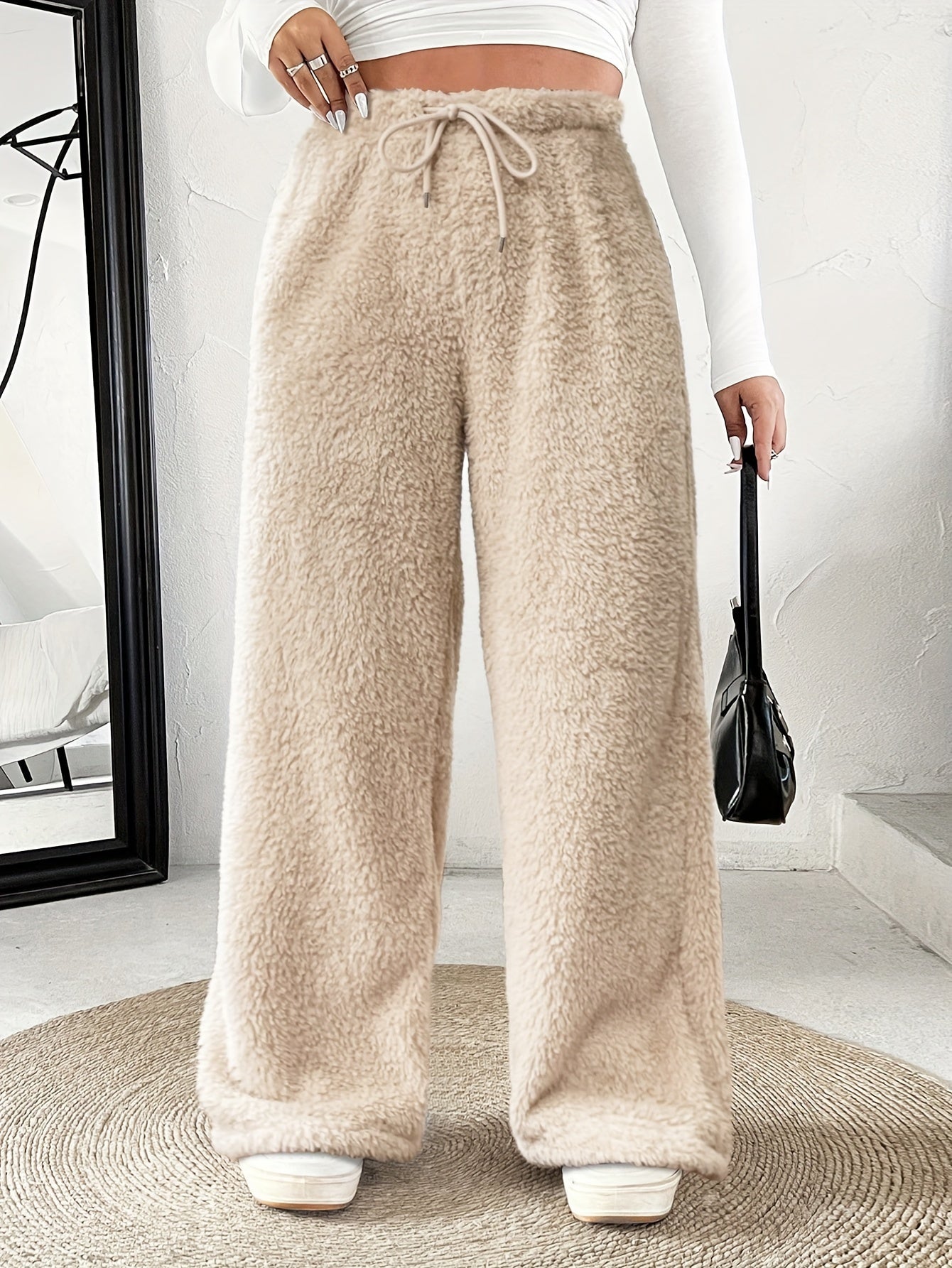 Plus Size -Adult Plus Size Clothing Autumn Winter Casual Reversible Plush Thick Warm Waistband Drawstring Loose Drape Wide Leg Pants