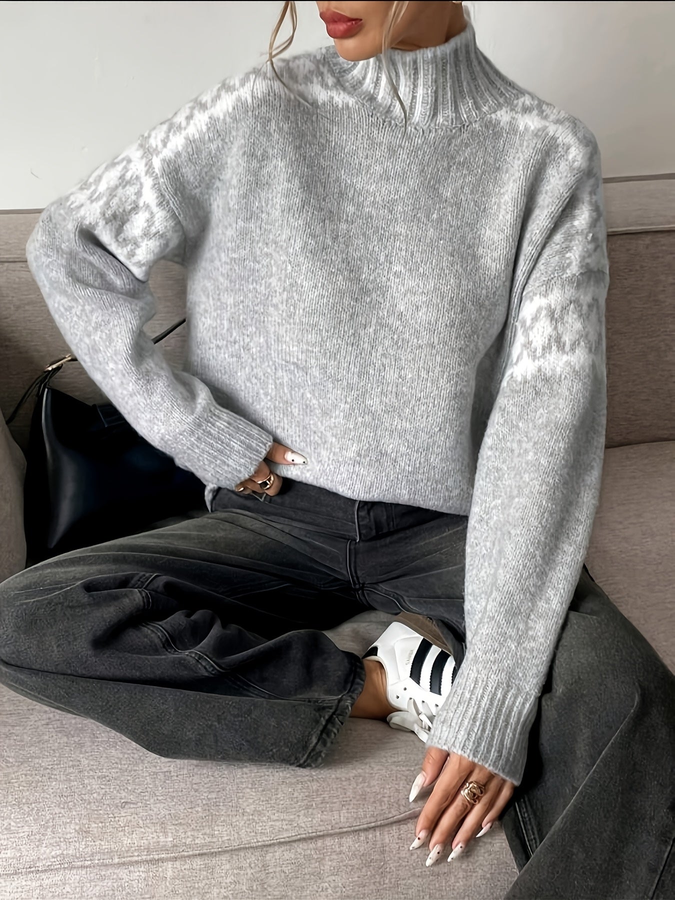 Comfortable Grey Marled Sweater for Women with High Neck Long Sleeve Relaxed Oversized Knit Style