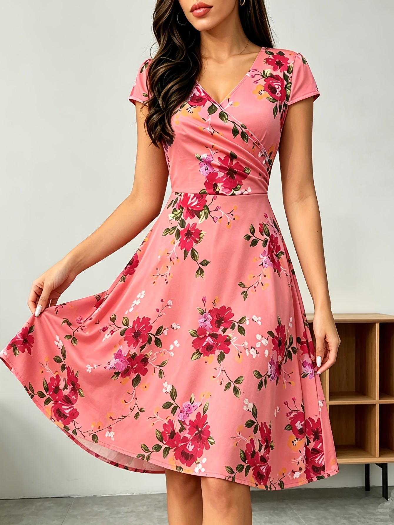 Western Foreign Trade Cross-Border Women'S V-Neck Vintage Ladies Casual Elegant Temperament Flared Knee-Length Pocket Dress