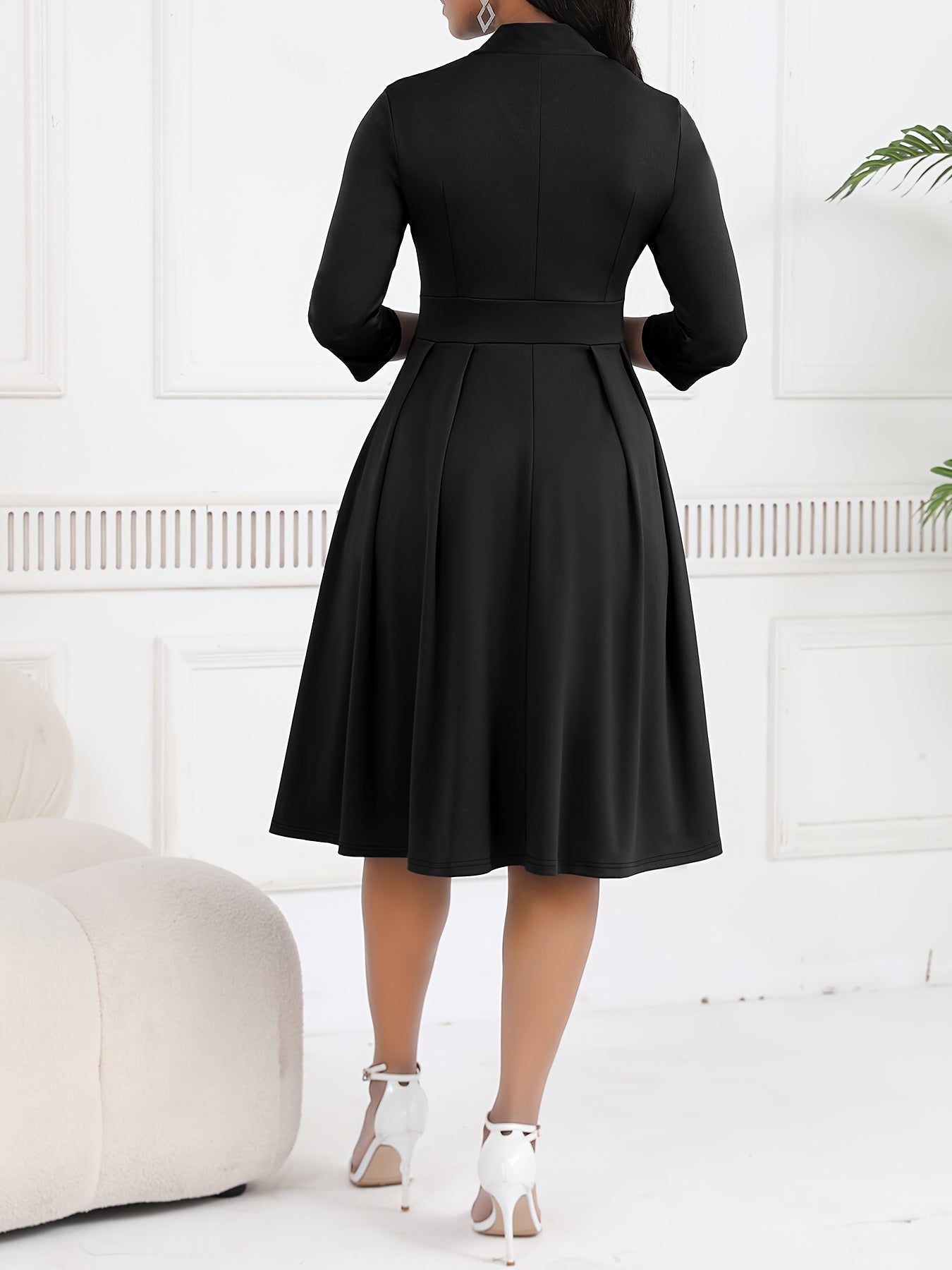 Elegant Bow Tie Midi Dress for Women with Stand Collar Elbow Sleeve Pleated Fit and Flare Style