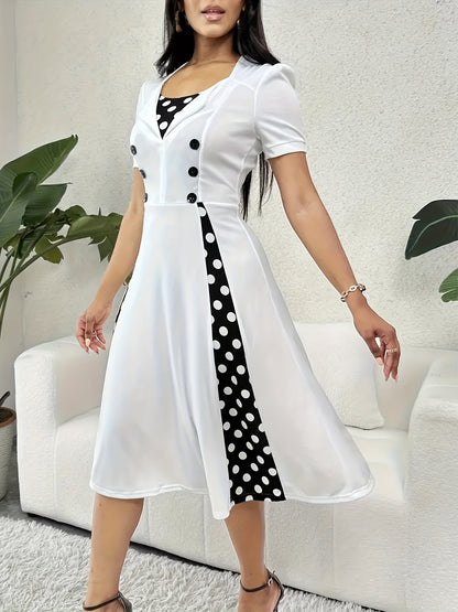 Plus Size, Women's Plus Size Short Sleeve Polka Dot Dress - Elegant Short -Line Dress with Smock Neckline, Short Sleeves & Short, Machine Washable Year-Round Dress for Casual to Semi-Formal Wear