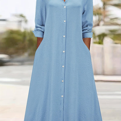 Elegant Button Front Shirt Dress for Women with Collar Long Sleeve A Line Flowing Style