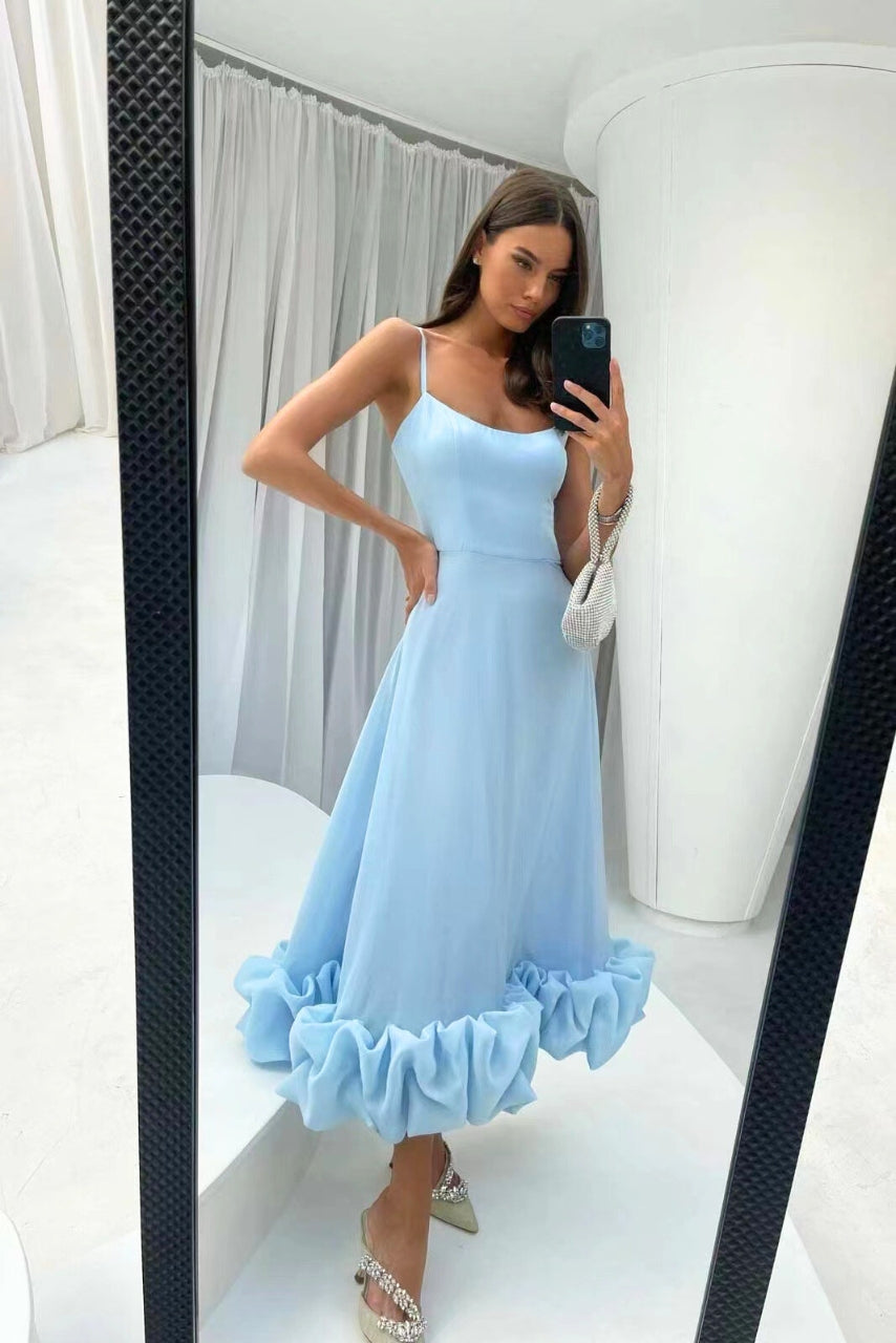 Elegant Ruffle Hem Midi Dress for Women with Square Neck Spaghetti Strap A Line Formal Wedding Guest Style