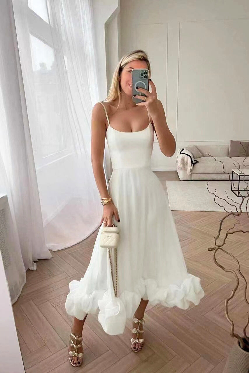 Elegant Ruffle Hem Midi Dress for Women with Square Neck Spaghetti Strap A Line Formal Wedding Guest Style