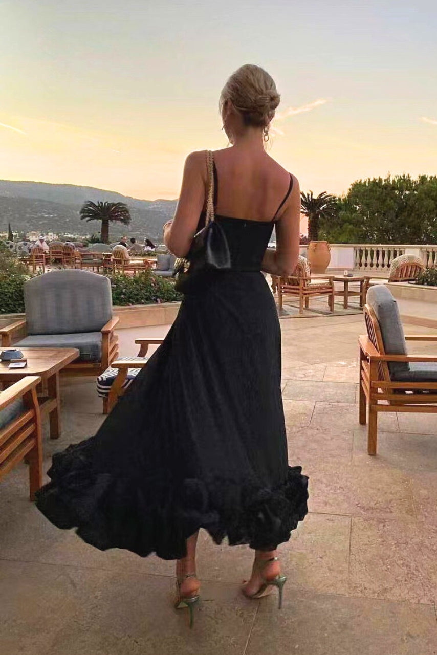 Elegant Ruffle Hem Midi Dress for Women with Square Neck Spaghetti Strap A Line Formal Wedding Guest Style