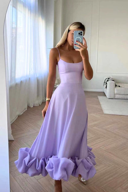 Elegant Ruffle Hem Midi Dress for Women with Square Neck Spaghetti Strap A Line Formal Wedding Guest Style