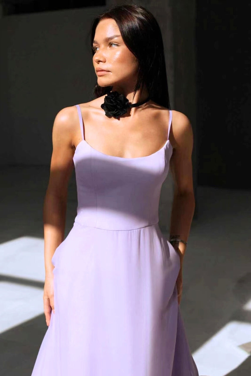 Elegant Ruffle Hem Midi Dress for Women with Square Neck Spaghetti Strap A Line Formal Wedding Guest Style