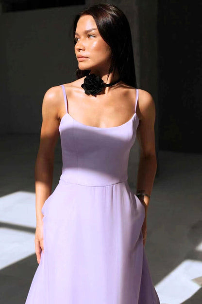 Elegant Ruffle Hem Midi Dress for Women with Square Neck Spaghetti Strap A Line Formal Wedding Guest Style