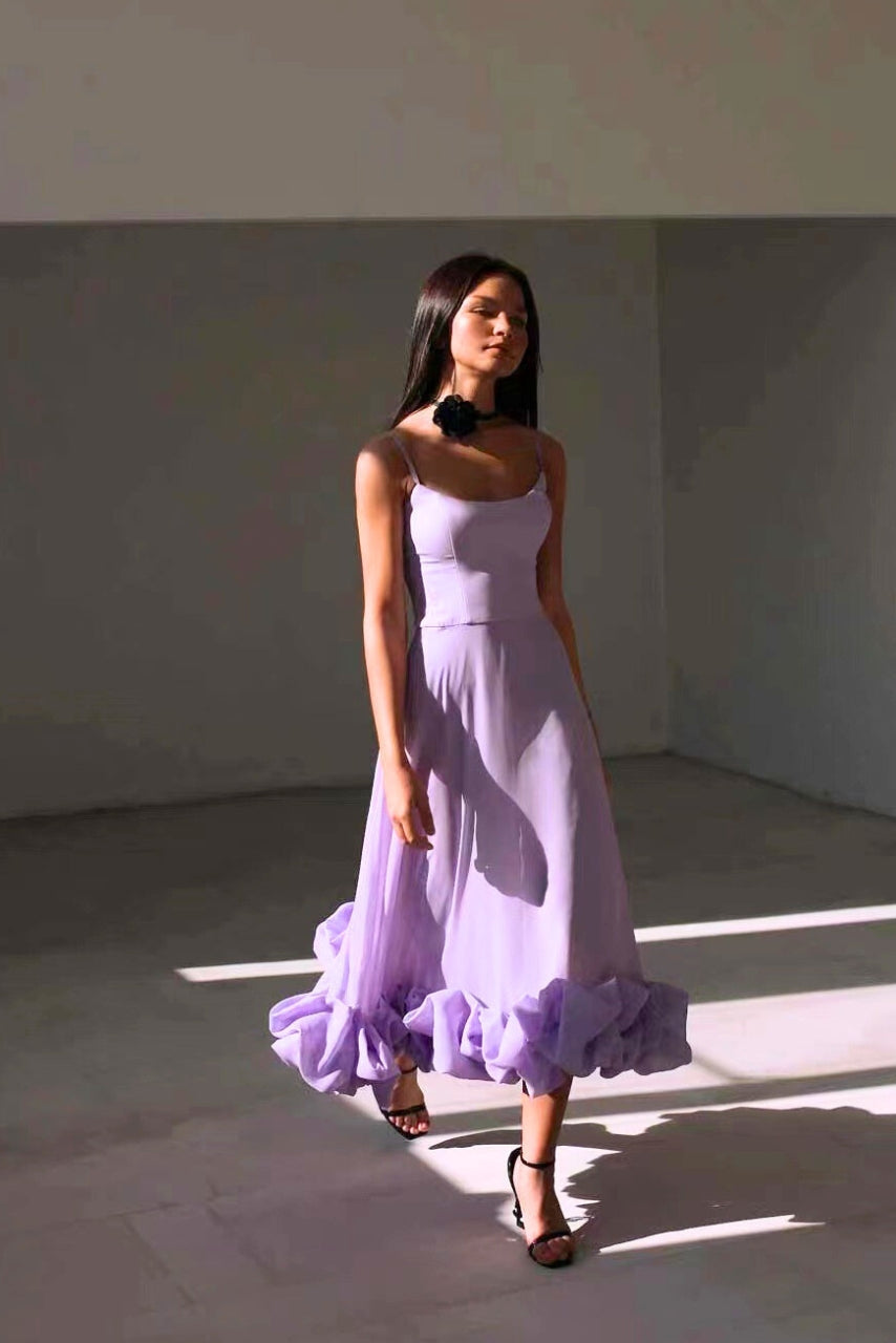 Elegant Ruffle Hem Midi Dress for Women with Square Neck Spaghetti Strap A Line Formal Wedding Guest Style