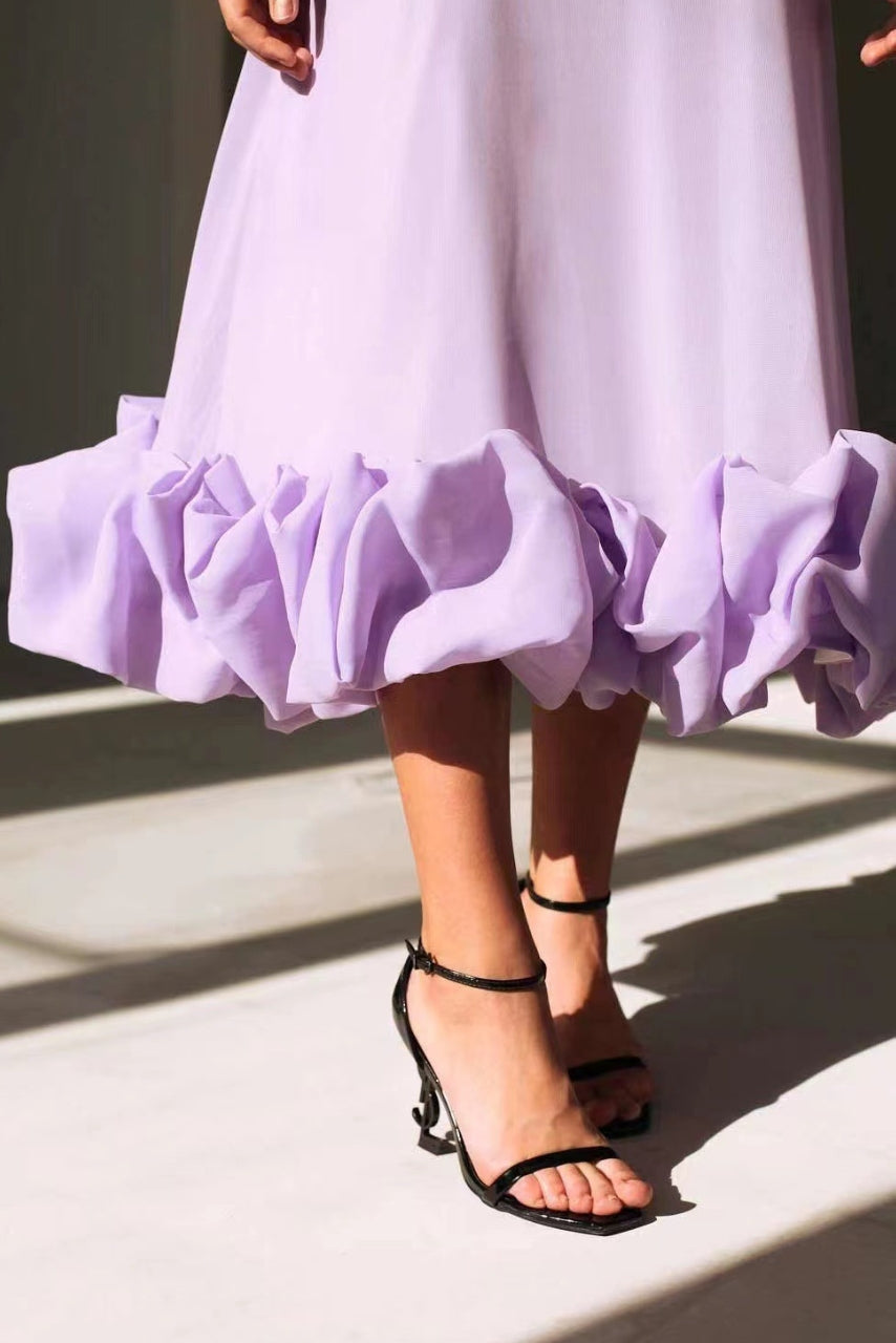 Elegant Ruffle Hem Midi Dress for Women with Square Neck Spaghetti Strap A Line Formal Wedding Guest Style