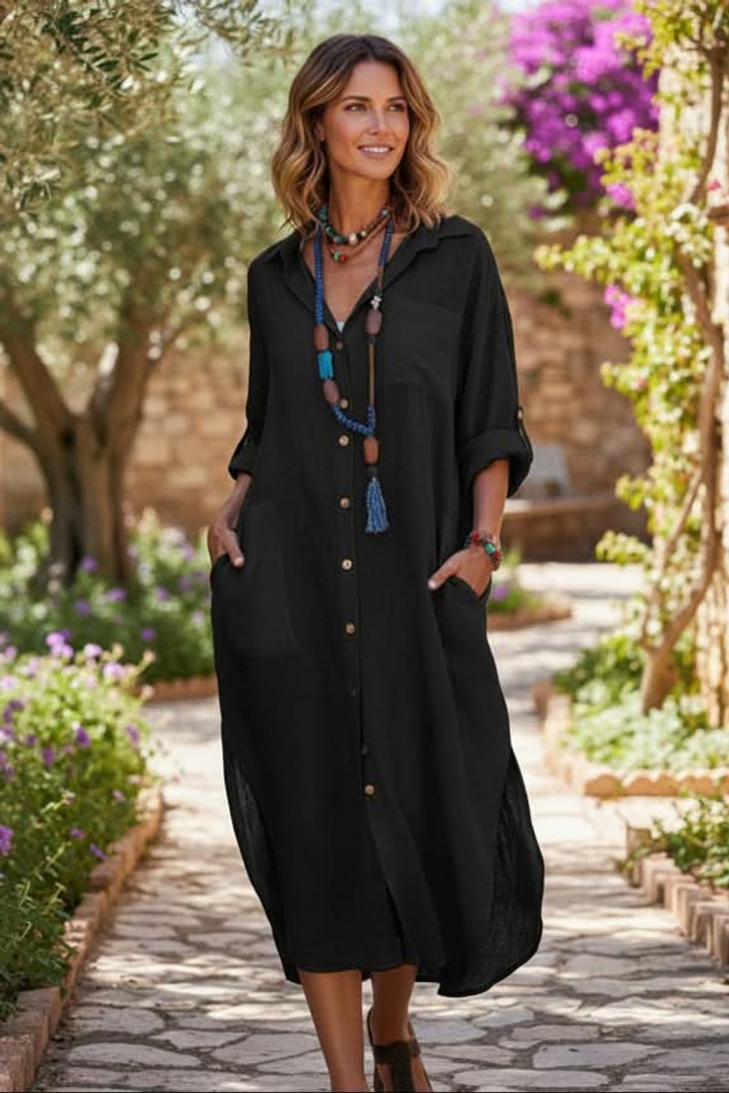 Effortless Linen Maxi Dress for Women with Collar Long Sleeve Button Front Bohemian Style