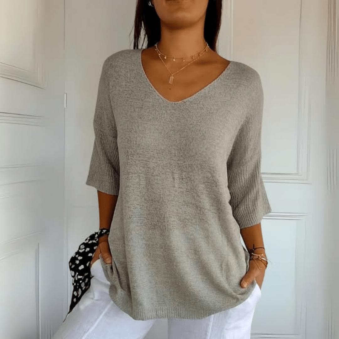 Comfortable Knit Sweater for Women with V Neck Elbow Sleeve Relaxed Oversized Style