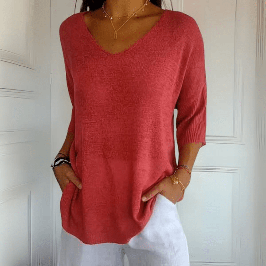 Comfortable Knit Sweater for Women with V Neck Elbow Sleeve Relaxed Oversized Style