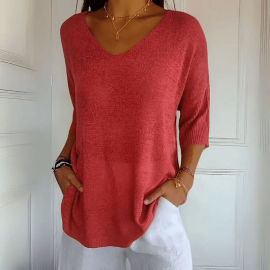 Comfortable Knit Sweater for Women with V Neck Elbow Sleeve Relaxed Oversized Style