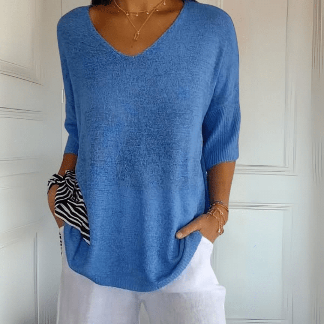 Comfortable Knit Sweater for Women with V Neck Elbow Sleeve Relaxed Oversized Style