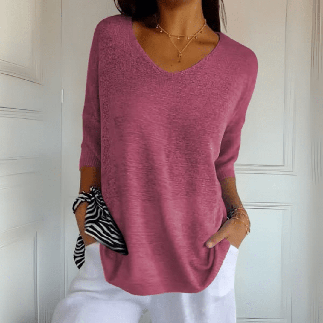 Comfortable Knit Sweater for Women with V Neck Elbow Sleeve Relaxed Oversized Style