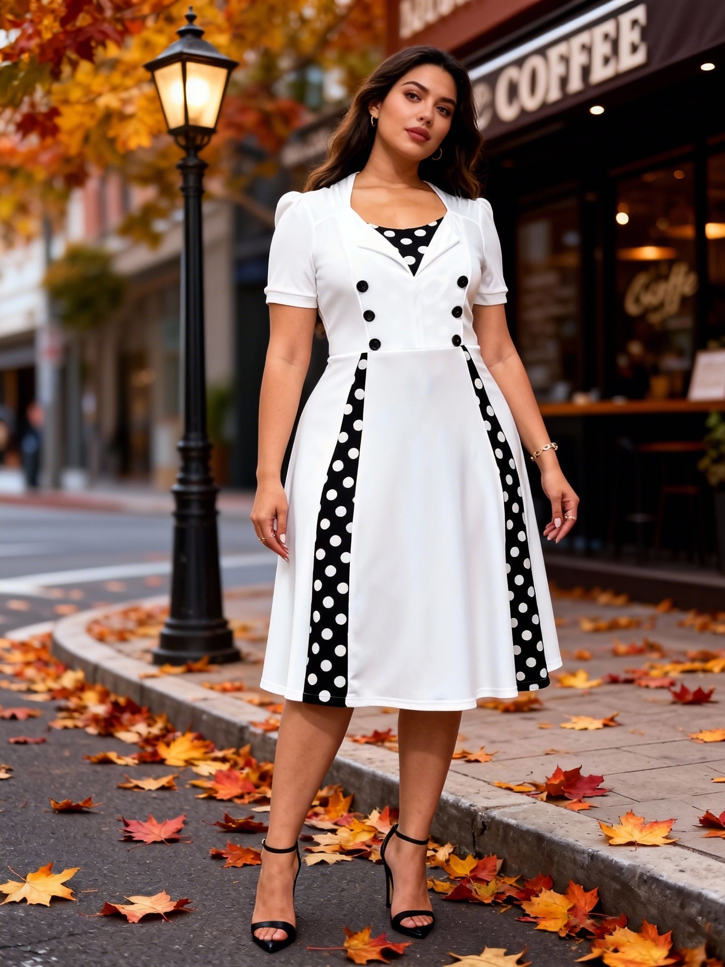 Plus Size, Women's Plus Size Short Sleeve Polka Dot Dress - Elegant Short -Line Dress with Smock Neckline, Short Sleeves & Short, Machine Washable Year-Round Dress for Casual to Semi-Formal Wear