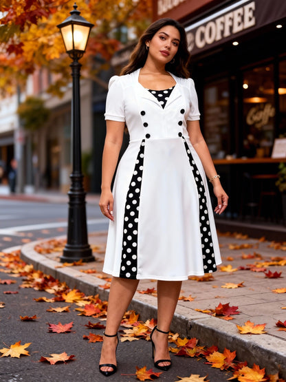 Plus Size, Women's Plus Size Short Sleeve Polka Dot Dress - Elegant Short -Line Dress with Smock Neckline, Short Sleeves & Short, Machine Washable Year-Round Dress for Casual to Semi-Formal Wear