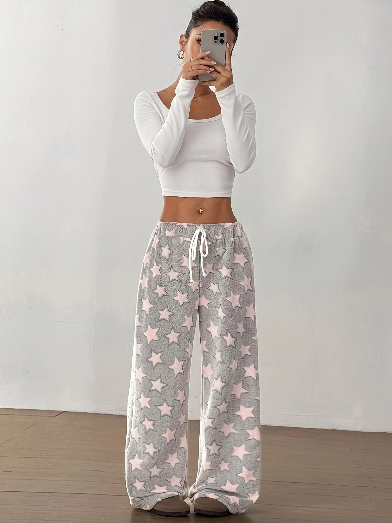 Women's Thick Flannel Pants - Winter Lounge Pants with Drawstring Waist, Non-Stretchy Thick Fabric for Indoor/Outdoor, Machine Washable Elegant sleepwear & daywear (Non-Stretchy Fit) - Loungewear Bottoms, Cozy Homewear, Geometric Pattern, Warm Material, C