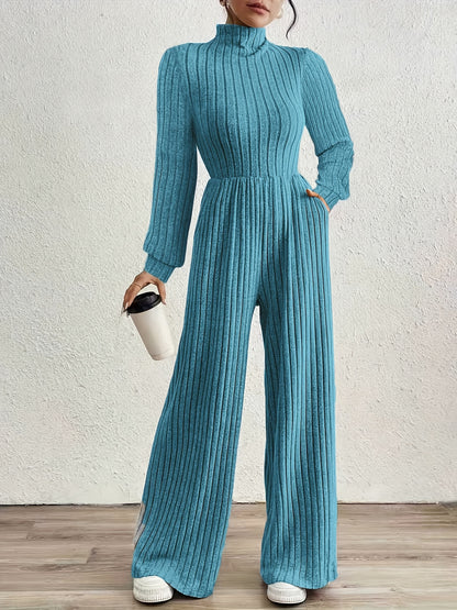 Comfortable Ribbed Knit Wide Leg Jumpsuit for Women with High Neck Long Sleeve Relaxed Pocket Style