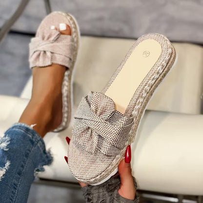Comfortable Slide Sandals for Women with Bow Detail Espadrille Platform Open Toe Style