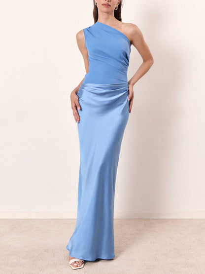Elegant Satin Maxi Dress for Women with One Shoulder Ruched Draped Mermaid Evening Style