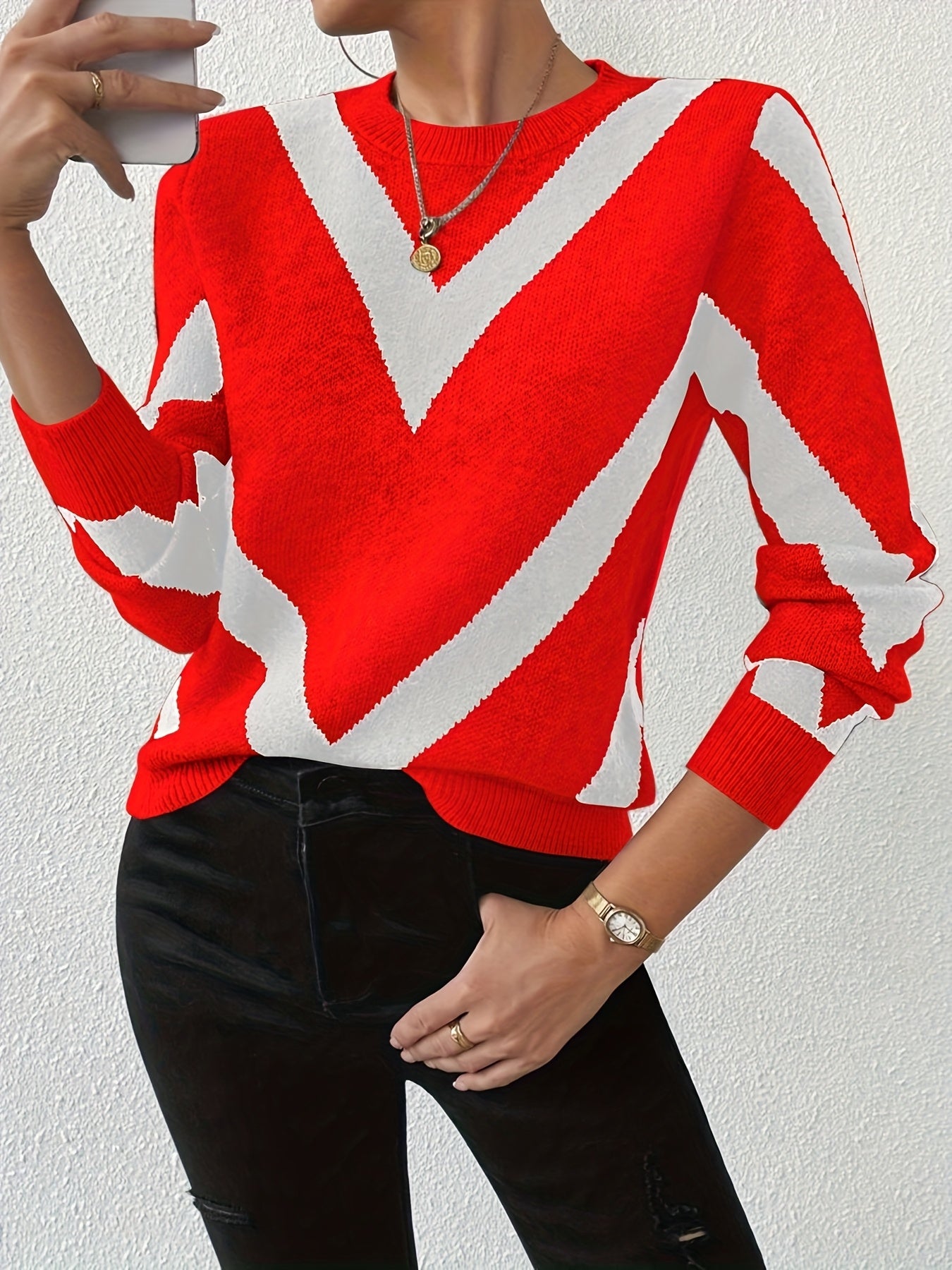 Ladies' Fashion Sweater, Autumn and Winter Style, Striped Pattern, Unisex Elasticity, Suitable for Casual Ladies' Versatile Pullover Shirt Top