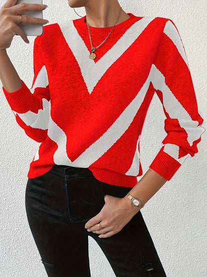Ladies' Fashion Sweater, Autumn and Winter Style, Striped Pattern, Unisex Elasticity, Suitable for Casual Ladies' Versatile Pullover Shirt Top