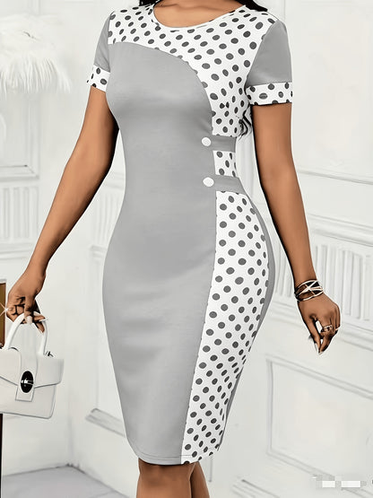 Elegant Polka Dot Midi Dress for Women with Round Neck Short Sleeve Bodycon Button Detail Cocktail Style