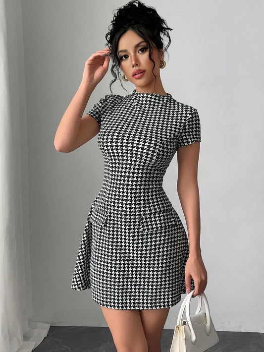 Elegant Black and White Houndstooth Mini Dress for Women with Mock Neck Short Sleeve Fit and Flare Cocktail Style