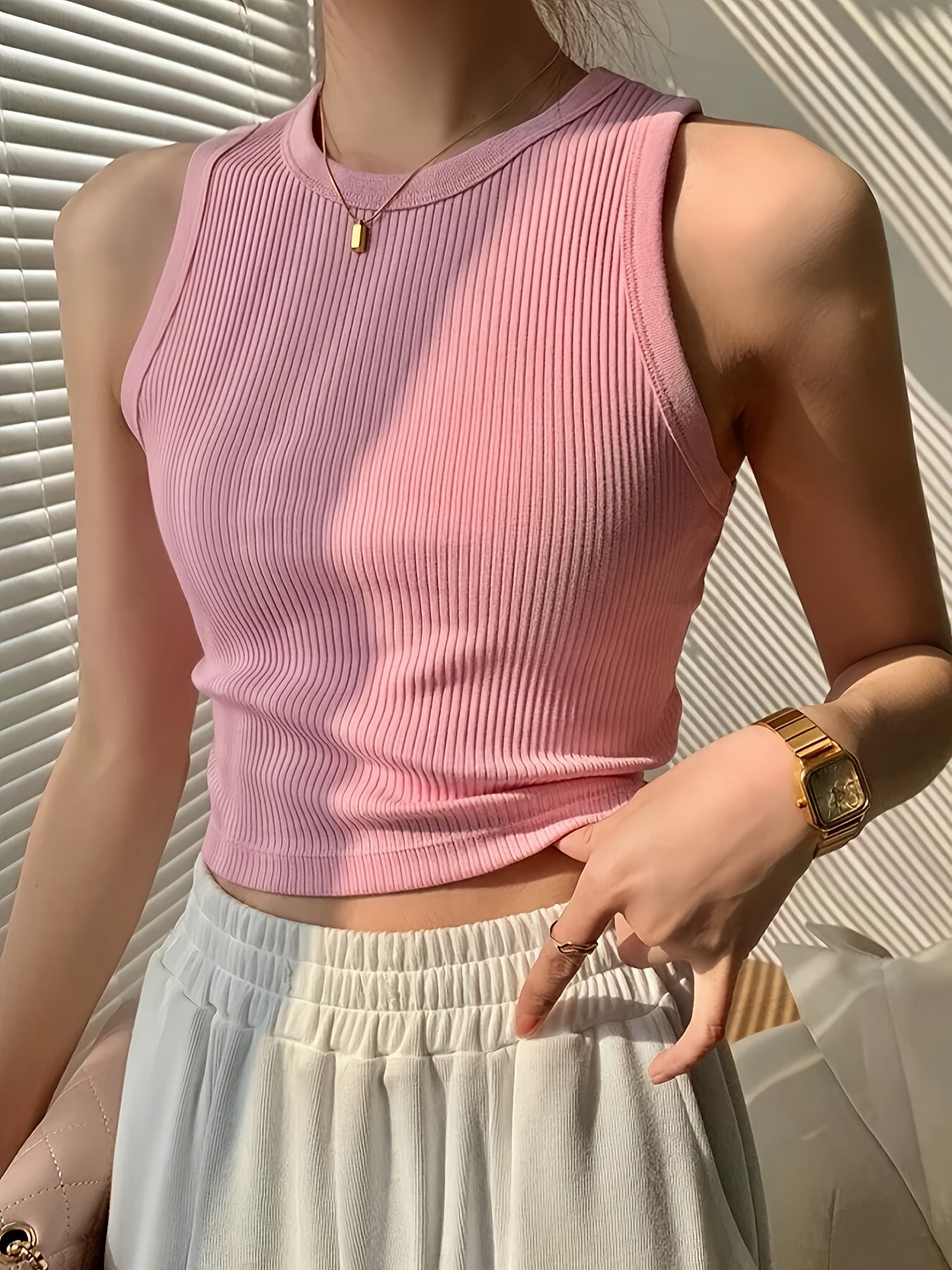 Women's Elegant Casual Ribbed Tank Top - Sleeveless Boat Neck Summer Top with Moderate Stretch, Solid Color Versatile Wear for Casual or Formal Outfits, Ladies Tank Tops, Warm Weather Outfit, Ribbed Texture, Stretchy Fabric, Stylish Ladies