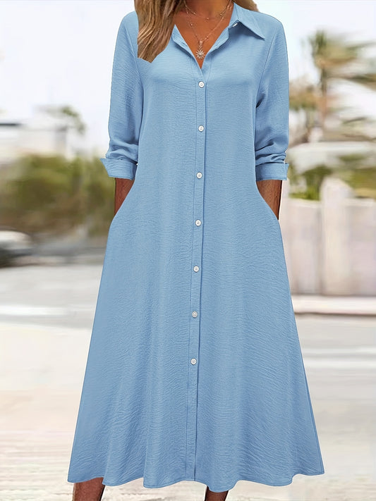 Elegant Button Front Shirt Dress for Women with Collar Long Sleeve A Line Flowing Style
