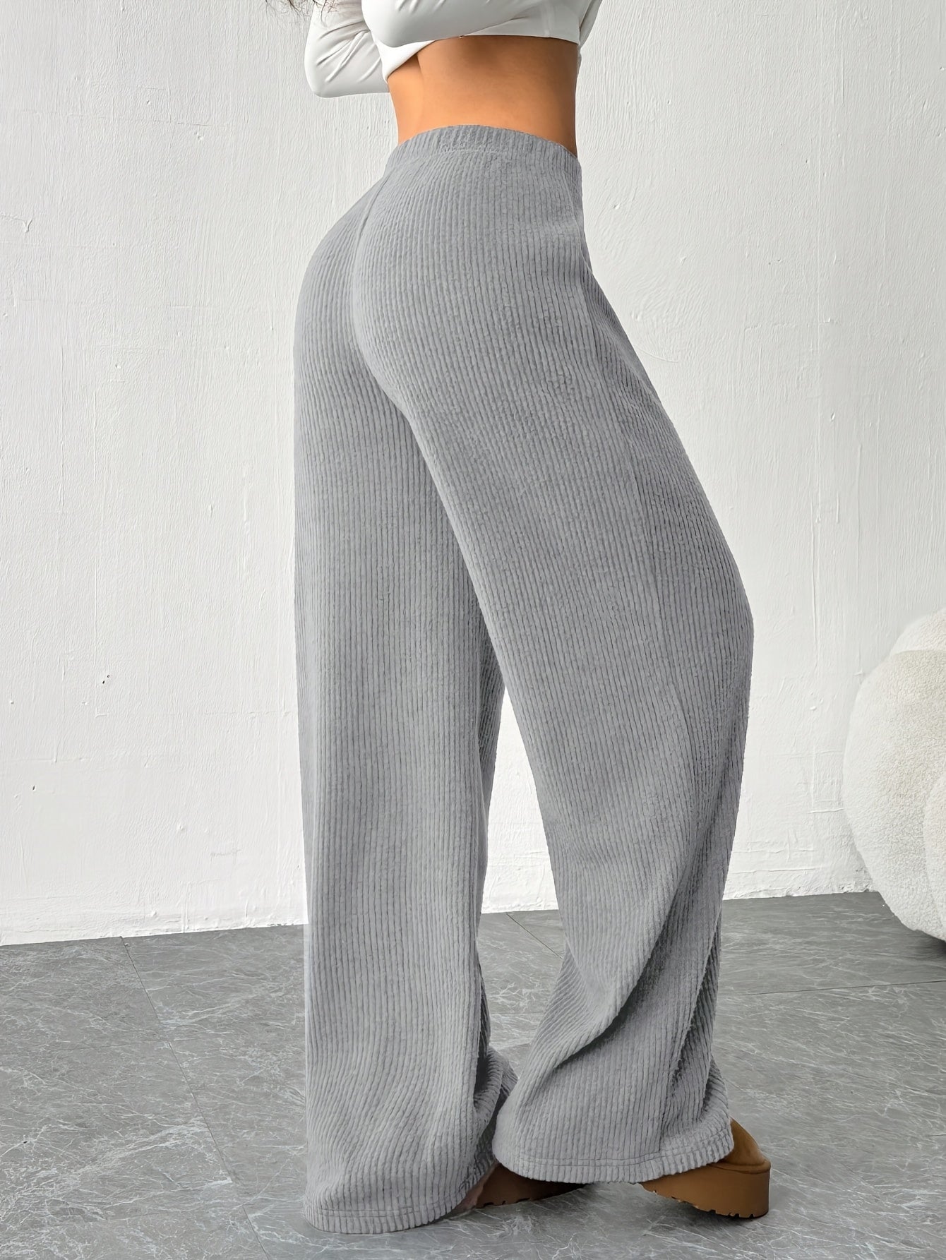 Effortless Ribbed Knit Wide Leg Pants for Women with High Waist Drawstring Relaxed Casual Style