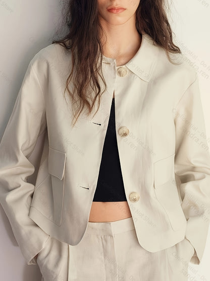 Elegant Apricot Wide Leg Set for Women with Collar Long Sleeve Button Front Two Piece Style