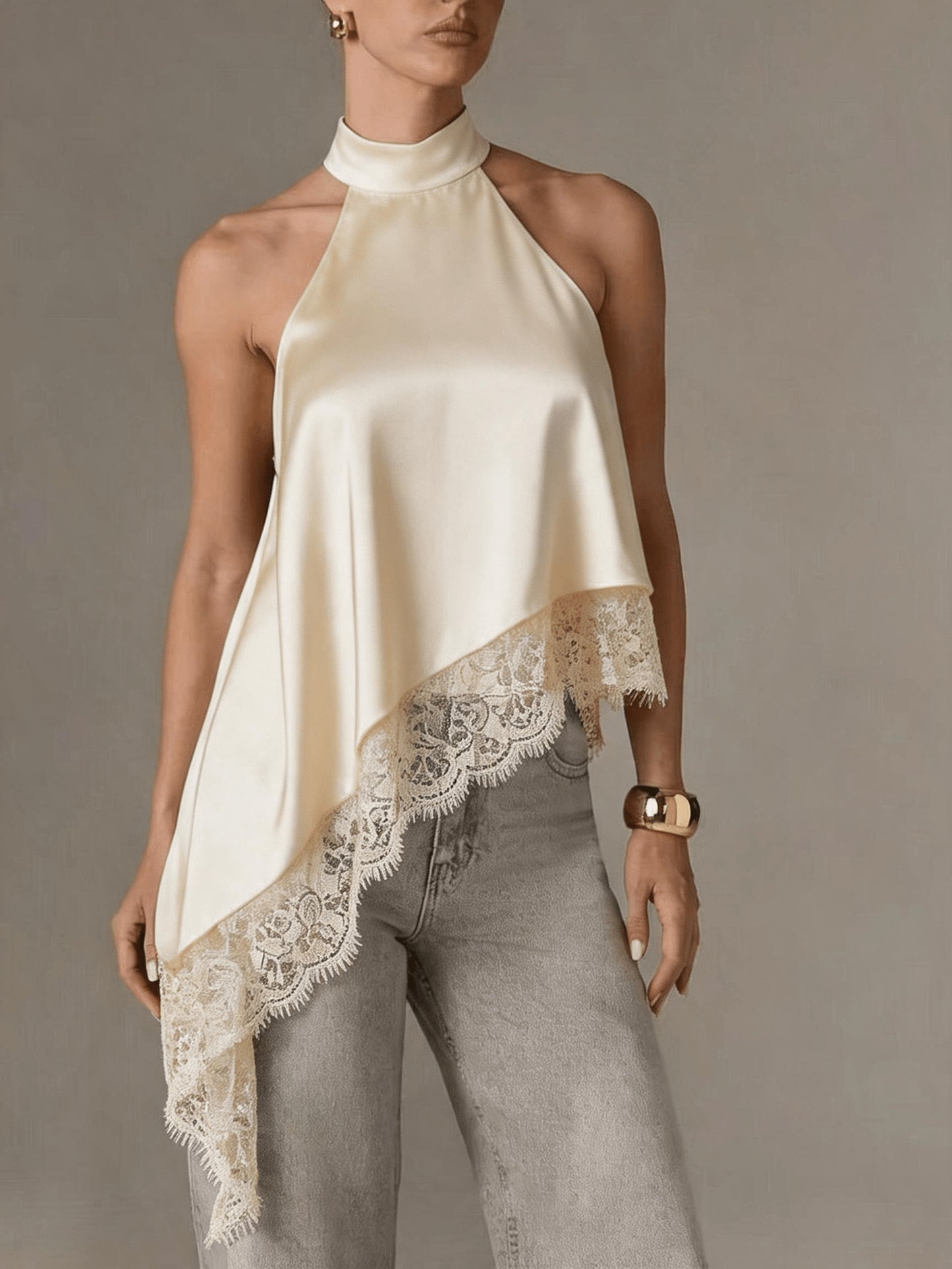 Elegant Satin Halter Top for Women with High Neck Sleeveless Lace Trim Asymmetric Flowing Style