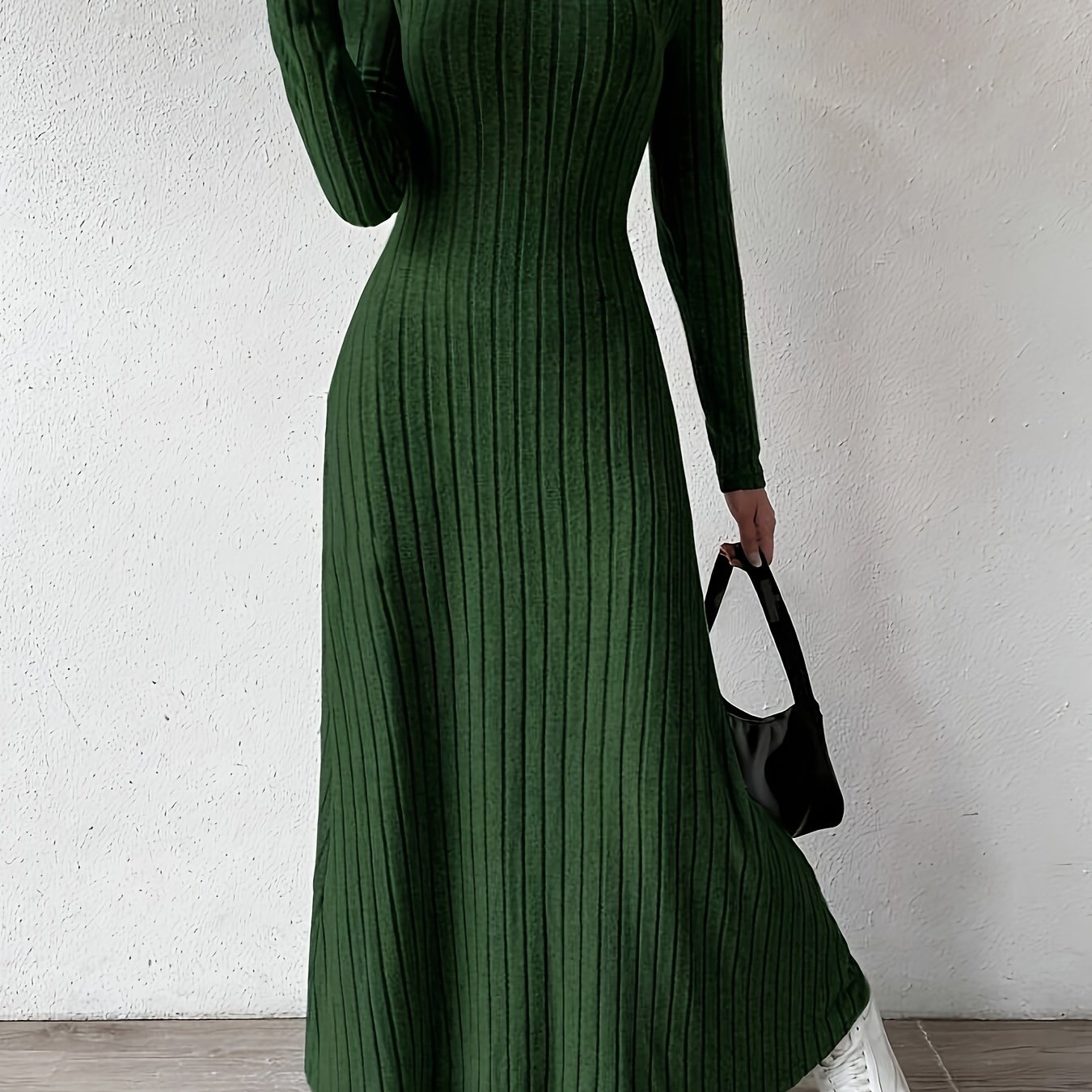 Elegant Ribbed Knit Maxi Dress for Women with V Neck Long Sleeve Fitted Flowing Style